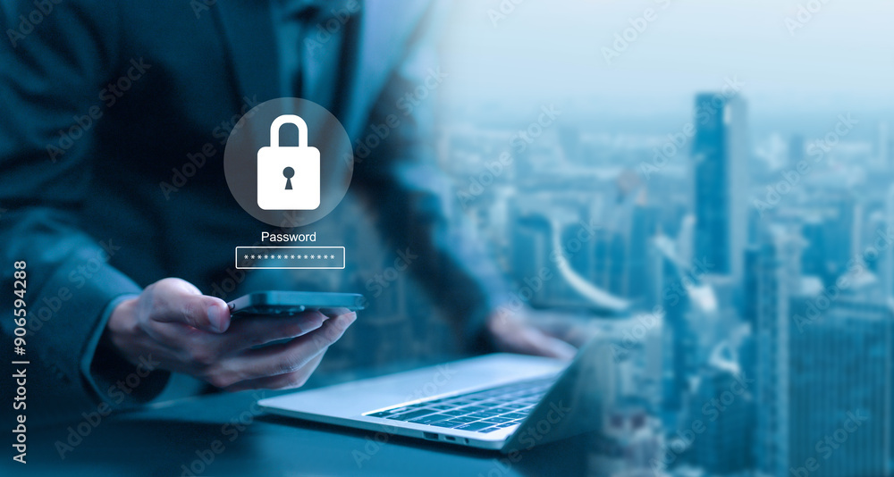 Poster cyber security technology digital information. lock mark cybersecurity internet, protect attacks fro