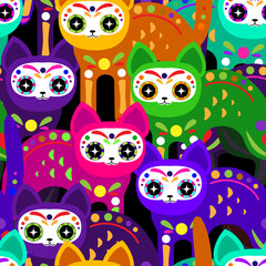 Cats seamless pattern. Halloween seamless with cat in skull mask. Dia de los muertos - day of the dead print.	
