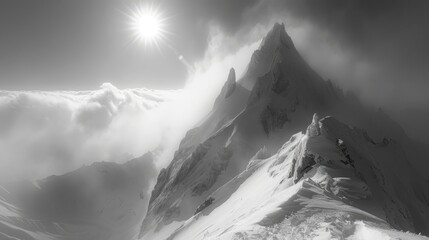 Stone path leading to misty mountain peak in black and white