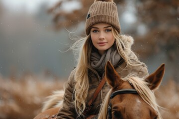 Fototapeta premium Beautiful blonde woman with freckles posing with horse in countryside