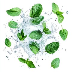 Cute mint leaves splashed with water