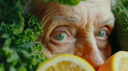 A close-up shot of a person's face with various vegetables surrounding them, great for health and wellness related content