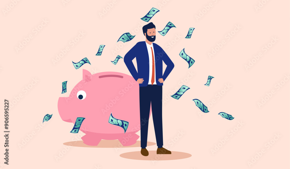 Aufkleber man saving money - person with lots of savings standing in front of piggy bank with flying paper dol