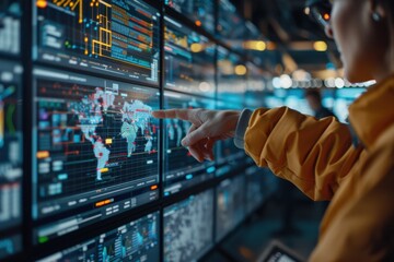 An individual in a yellow jacket interacts with a large digital screen displaying global data analytics, charts, and maps inside a high-tech information center.