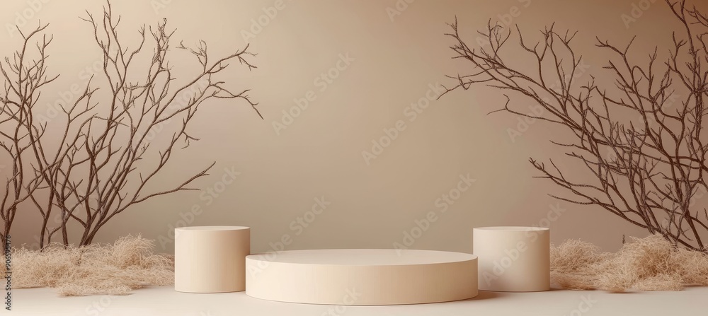 Poster background image for product presentation. podium with trees and branches and a beach with white san