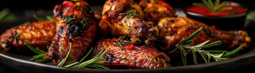 Deliciously grilled chicken wings garnished with herbs, served with a spicy sauce. Perfect for gatherings and barbecues.
