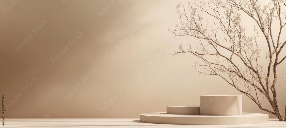 Poster mockup background with podium and dry tree branches on beige background. illustration of 3d renderin