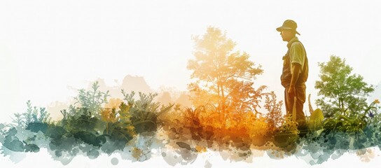 Fototapeta premium Double exposure illustration featuring a farmer standing in a field of greenery at sunset