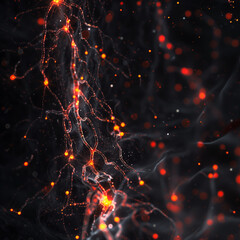 A detailed close-up of neuron synapses firing