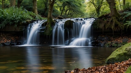 Obraz premium A dramatic waterfall plunging through a dense, verdant forest, with sunlight filtering through the trees and reflecting off the cascading water 