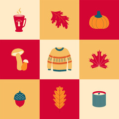 Geometric autumn cozy seamless pattern. Ugly sweater, fall leaves, pumpkin, candle, hot drink, mushrooms. Hygge. Patchwork. Fall vector background, wallpaper, backdrop.