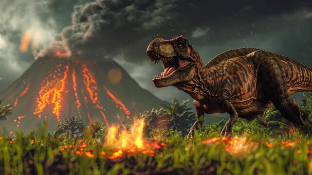 the jurassic era when dinosaurs extinct because mountains erupted due to lava or magma video looping stock 4k quality
