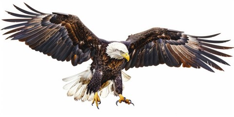 Fototapeta premium A bald eagle soaring through the air with its wings spread, perfect for wildlife or nature themes