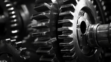 Close-up view of interlocking metal gears in black and white. Suitable for illustrating mechanical engineering, industrial design, and machinery concepts