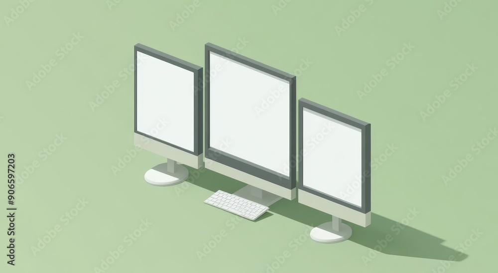 Poster in 3d rendering, isometric view of colored desk computer mockup with blank screen and floating scree
