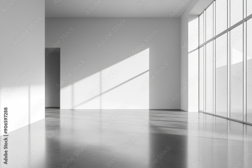 Poster the image shows a concrete interior with sunlight and an empty wall mockup for exhibition, art or ad