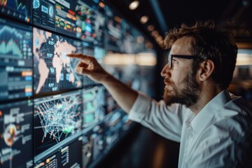 A professional man points at a large digital screen displaying various data and analytics in a modern office environment, highlighting complex visual information.