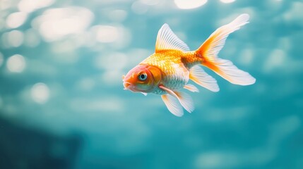 Fototapeta premium Orange and white goldfish swimming in a clear blue water. Simple and serene underwater scene with a single goldfish 