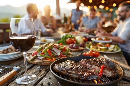 An atmospheric outdoor dining event where guests enjoy grilled steak paired with vegetables and a glass of red wine, amid lively conversations and scenic views.