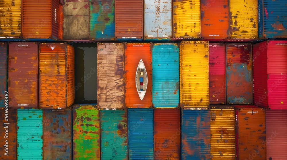 Poster a boat is in the middle of a row of containers. the boat is small and is surrounded by large contain