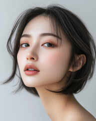 Naklejka premium Serene Asian Beauty with Bob Cut in a Studio Portrait