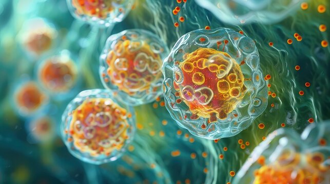 Lysosomes digesting cellular waste, top view, depicting the breakdown of macromolecules, advanced tone, Complementary Color Scheme, copy space for text,