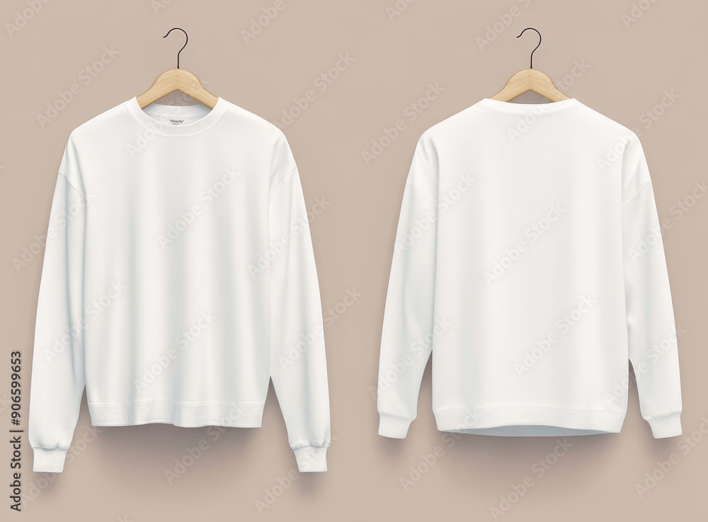 Wall mural A realistic mockup of a long sleeve T-shirt hanging front and back on a white background with clipping paths.