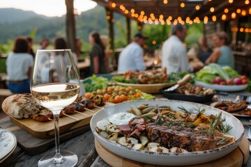 Fototapeta premium A scenic outdoor dining experience showcasing a gourmet meal consisting of grilled meat, vegetables, and a glass of white wine, with mountainous views and soft evening lights.