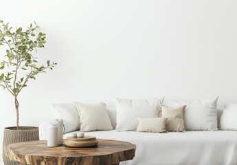 The interior wall mockup with brown sofa and beige pillows is set against a white living room background in a 3D rendering and illustration.