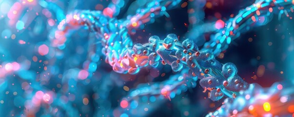 Fototapeta premium Ribosomes synthesizing proteins, detailed view, highlighting the process of translation, futuristic tone, vivid colors, copy space for text,