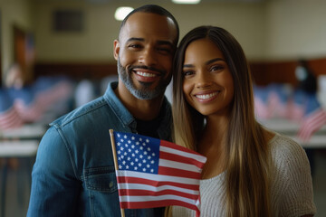 Young multiethnic couple is smiling and holding a small american flag at their local polling station
