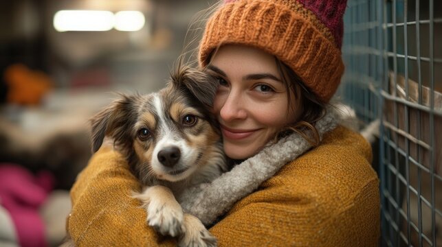 A volunteer cuddles with a small dog in a cozy corner of the animal shelter. The image captures a quiet moment of comfort and care, with the dog snuggled into the volunteer's arms. The background