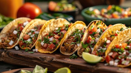 Delicious tacos filled with seasoned meat, fresh vegetables, and vibrant toppings, served on a rustic wooden board.