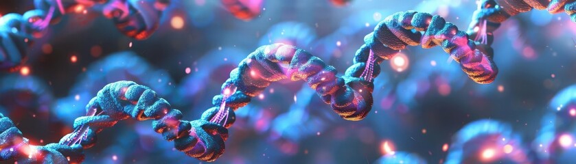 Obraz premium Transcription of DNA to mRNA, microscopic view, illustrating the first step of gene expression, digital tone, Triadic Color Scheme, copy space for text,