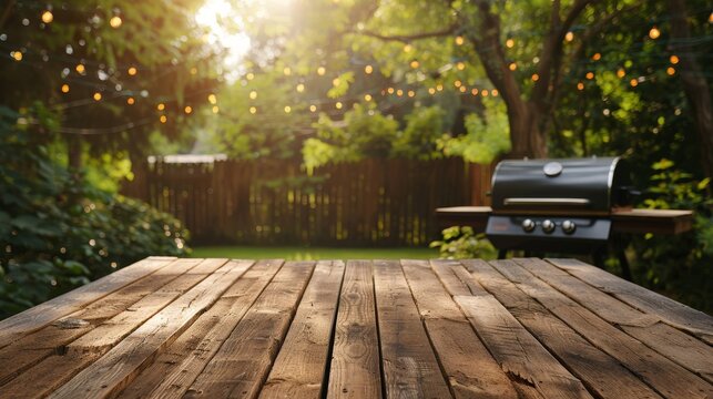 BBq grill in the back yard background with empty wooden table, Generative AI 