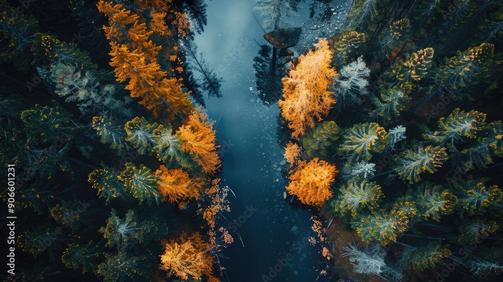 Poster a beautiful view of a river with trees on either side. the trees are in various stages of autumn, wi
