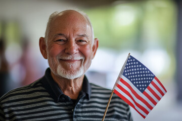 Portrait of a happy senior man holding a small american flag inside a polling station