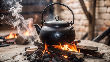  An old cauldron in the forest or outdoors