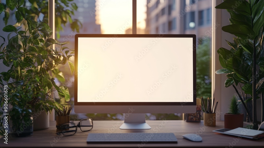 Poster on the table are an office desk against the windows and a mock-up of a pc desktop computer displayed