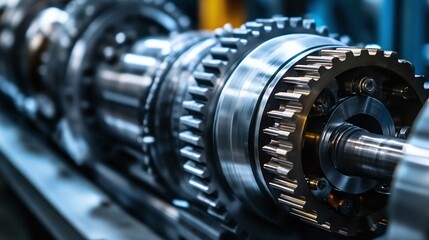 Fototapeta premium Close-up of industrial machinery with precise mechanical components and metal parts in a factory setting, showcasing engineering and technology.