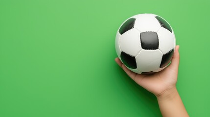 Dynamic Hand Holding Soccer Ball on Vibrant Green Background - Concept of Sports and Activity, Generative Ai