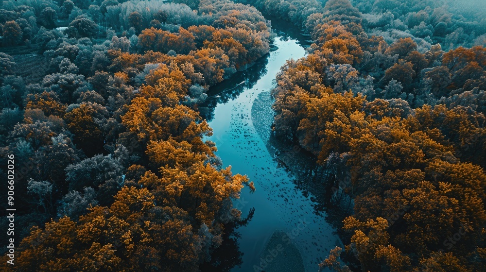 Canvas Prints a river with trees on both sides. the trees are orange and the water is blue. the image has a peacef