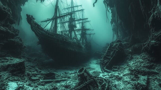Creepy underwater world with a sunken ship and ghostly terrain, creating a haunting and mysterious atmosphere.