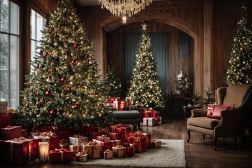 Christmas and New Year decorated white interior room with presents and New year tree and fireplace