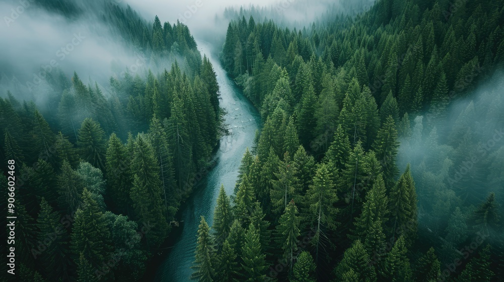 Poster a forest with a river running through it. the trees are lush and green, and the sky is cloudy. scene