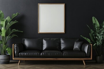 Living room with leather sofa, black walls, and stock photos.