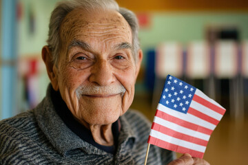 Proud senior man smiling after voting in an election, standing in front of an american flag, embodying democracy and civic duty