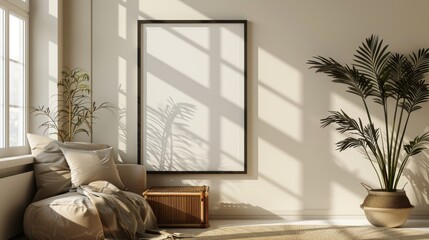 Elegant Advertising Mockup: a Blank 3:4 Poster Frame Hanging on a Wall, with Windows, Furniture, and Soft Lighting, advertising photography, Graphic Resources, Brochure, banner, promotion, 