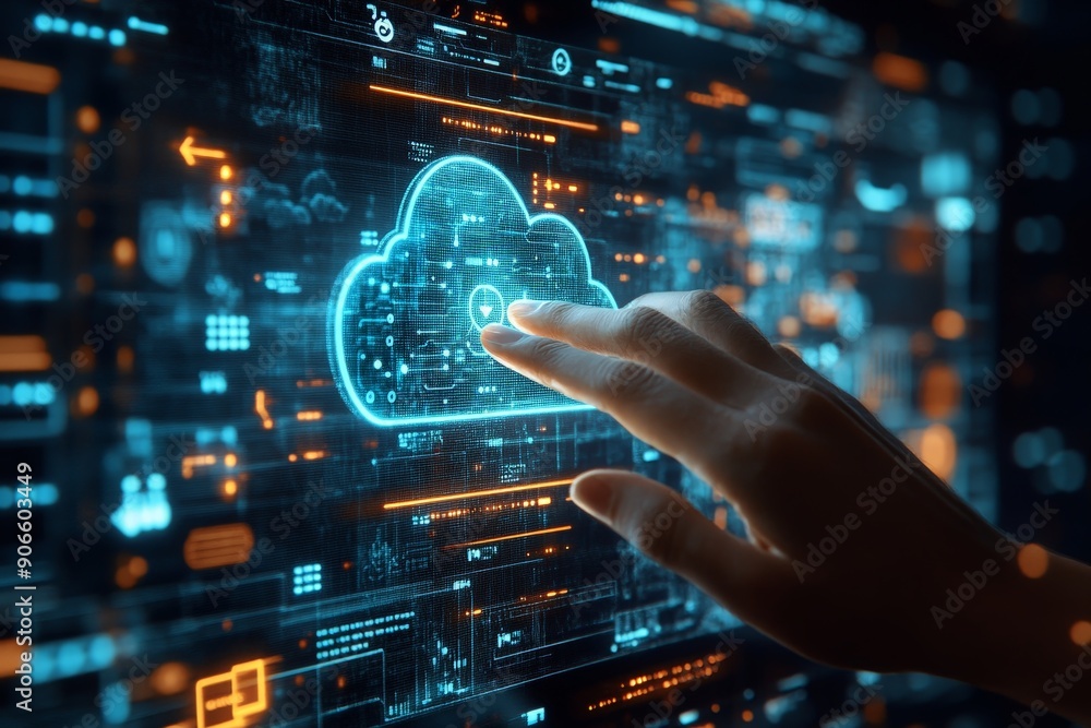 Poster modern technology concept - hand using cloud storage interface with realistic lighting