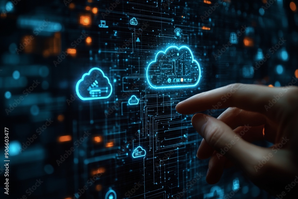 Poster digital cloud storage interaction - close-up realistic hand with icons, technology connection, data 